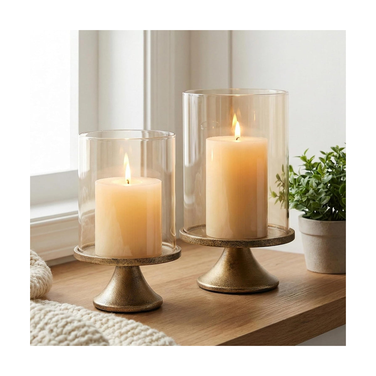 Set of 2 Hurricane Candle Holder Set with Glass Dome & Iron Base – Elegant Decorative Pillar Candle Holders for Living