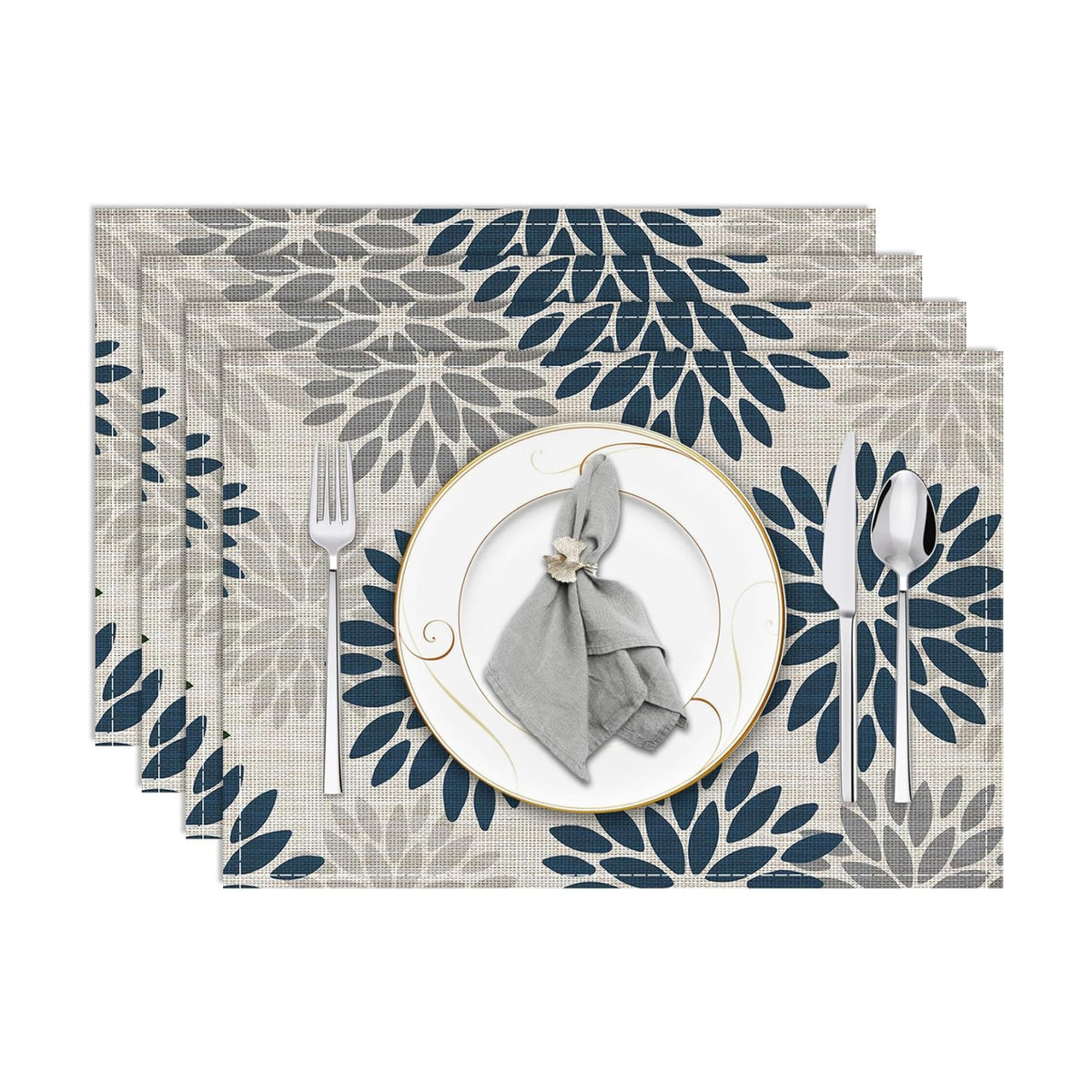 Niviy Dahlia Aqua Floral Pinnata Flower Placemats Set of 4, 12x18 Inch Washable Easy to Clean Heat-Resistant Anti-Skid Grey Placemats for Holiday Party Kitchen