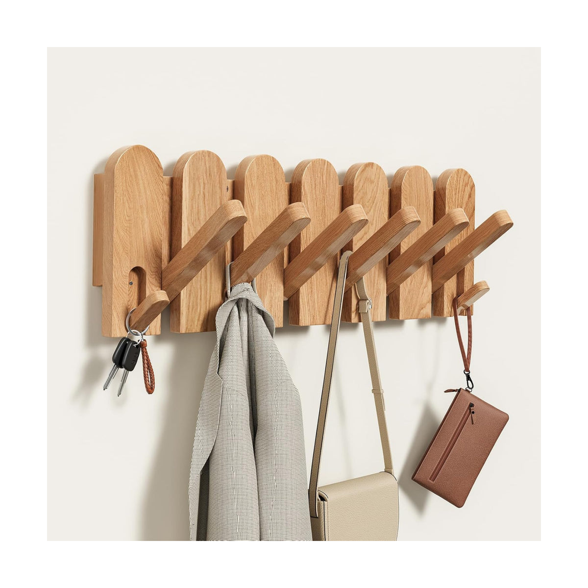 Solid Walnut Coat Rack Wall Mount, 16.5" Wood Wall Mounted Coat Rack with 8 Retractable Hangers,Heavy Duty Wooden Coat
