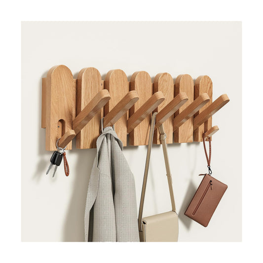 Solid Walnut Coat Rack Wall Mount, 16.5" Wood Wall Mounted Coat Rack with 8 Retractable Hangers,Heavy Duty Wooden Coat