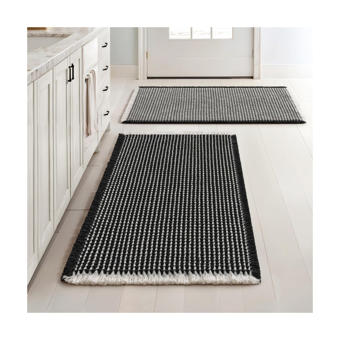 MIULEE Set of 2 Waffle Bathroom Rugs Boho Bath Mat Black&Cream 18x30 Inch