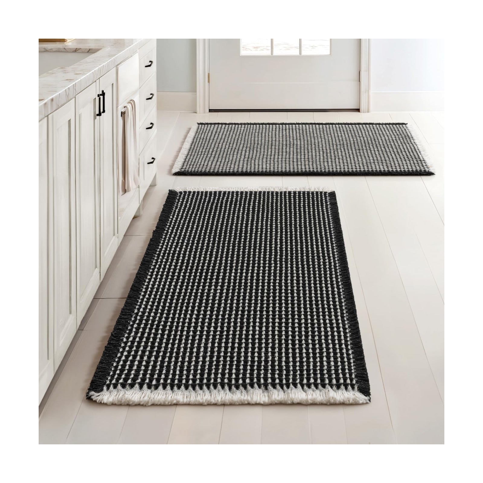 MIULEE Set of 2 Waffle Bathroom Rugs Boho Bath Mat Black&Cream 18x30 Inch