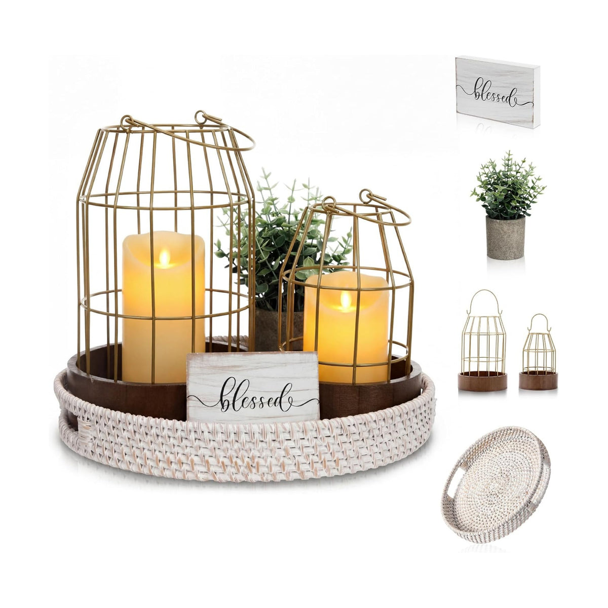Modern Rustic Farmhouse Candle Lantern Set of 5, Large, Gold, Burlywood | Decorative Lanterns Centerpieces with Tray
