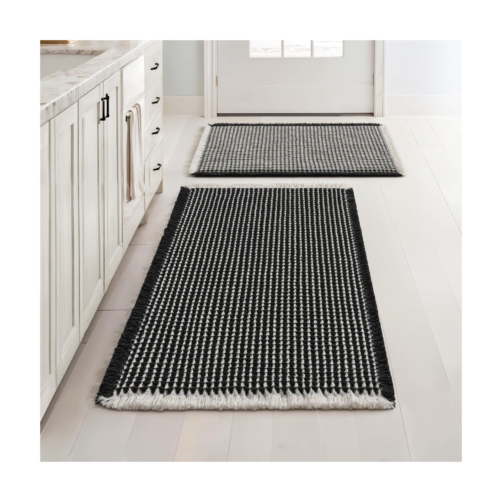 MIULEE Set of 2 Waffle Bathroom Rugs Black&Cream Bath Mat 17"x24"+18"x30"