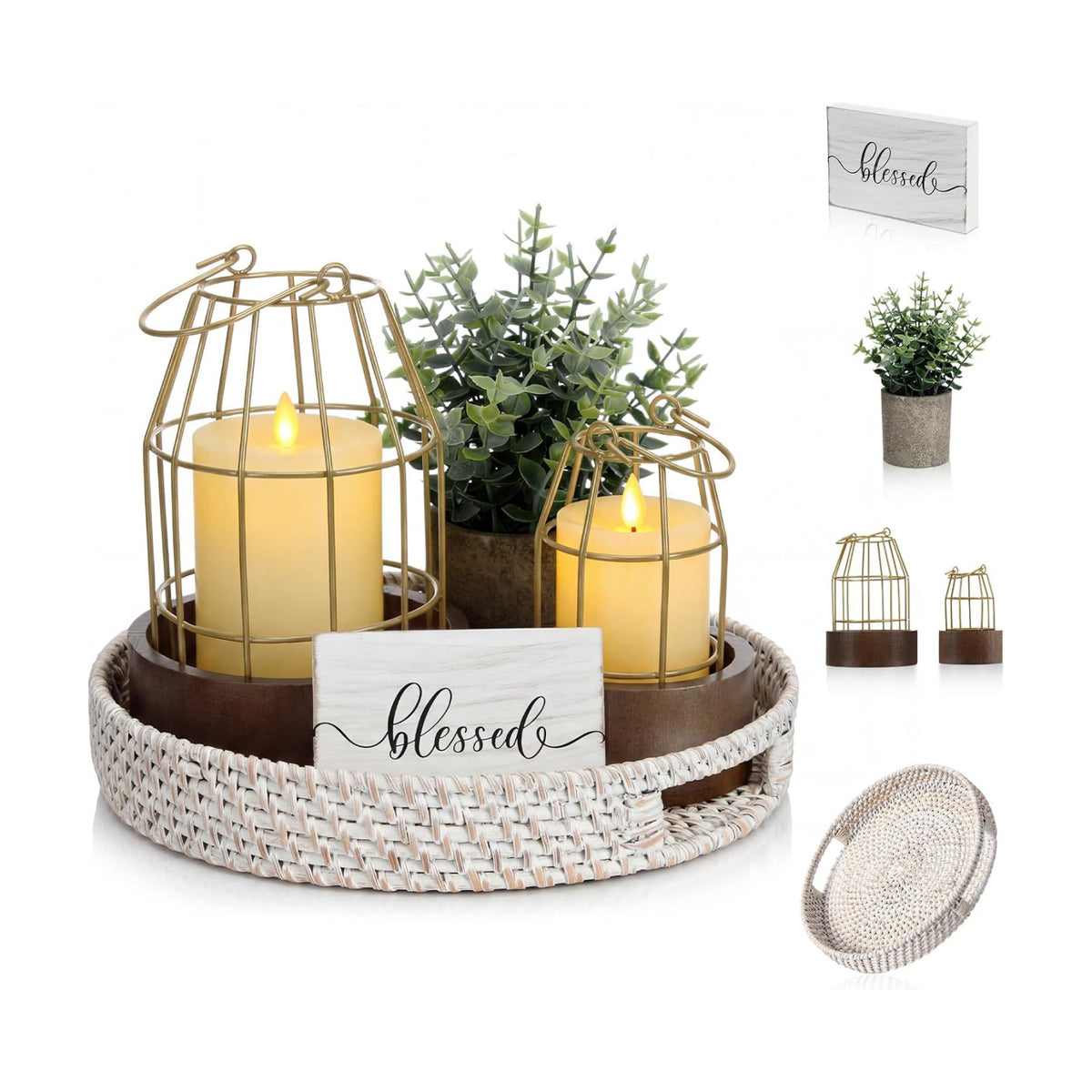 Modern Rustic Farmhouse Candle Lantern Set of 5, Small, Gold, Burlywood | Decorative Lanterns Centerpieces with Tray