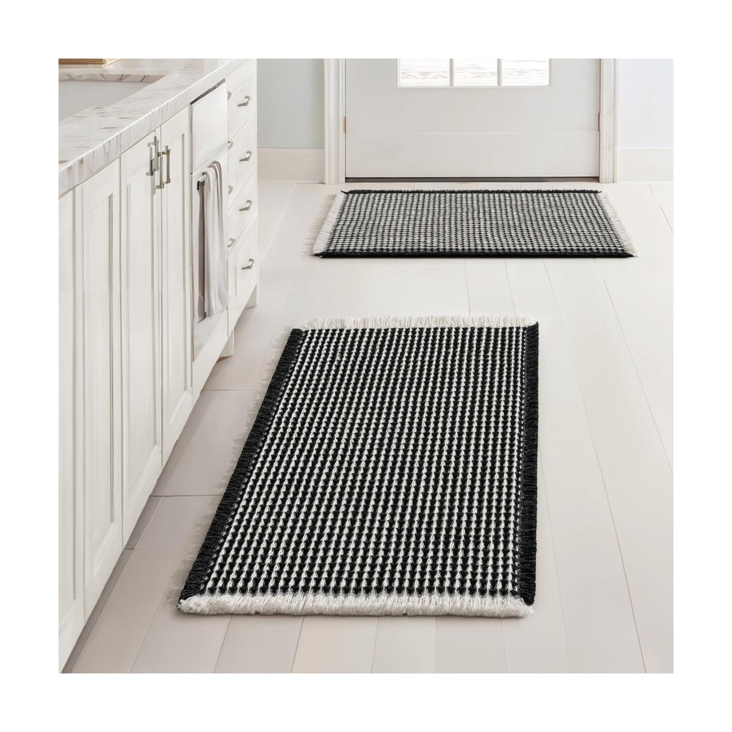MIULEE Set of 2 Waffle Bathroom Rugs Boho Bath Mat Black&Cream 17x24 Inch