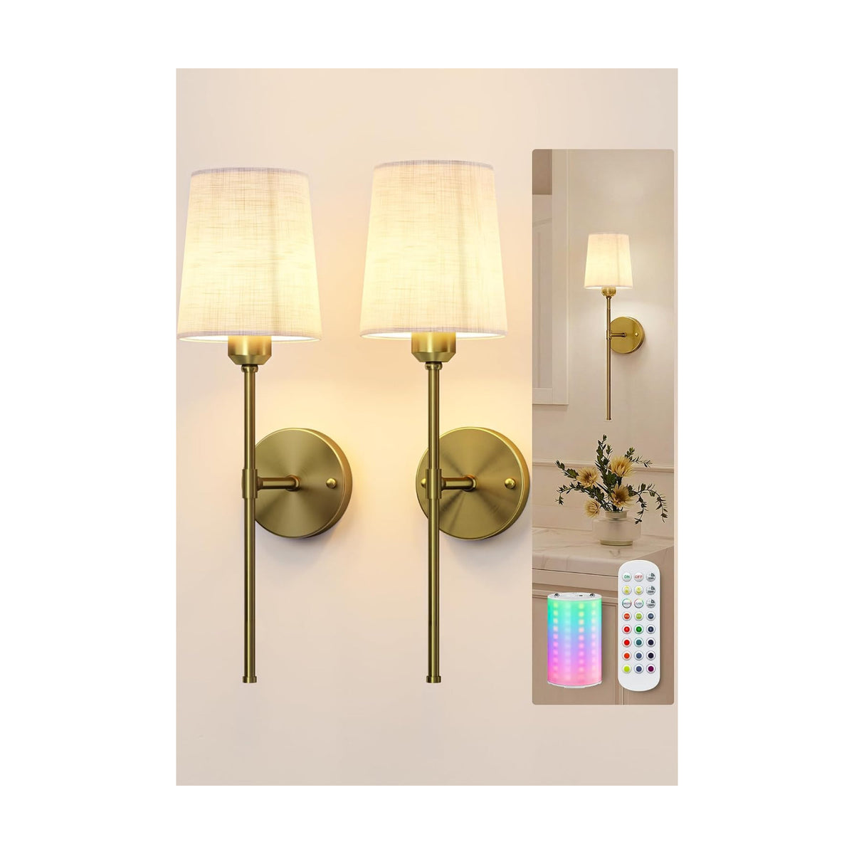 Rechargeable Wall Lights, Battery Operated Wall Sconce Set of 2, 7500mAh, Dimmable, Remote Control, Timer, Magnetic