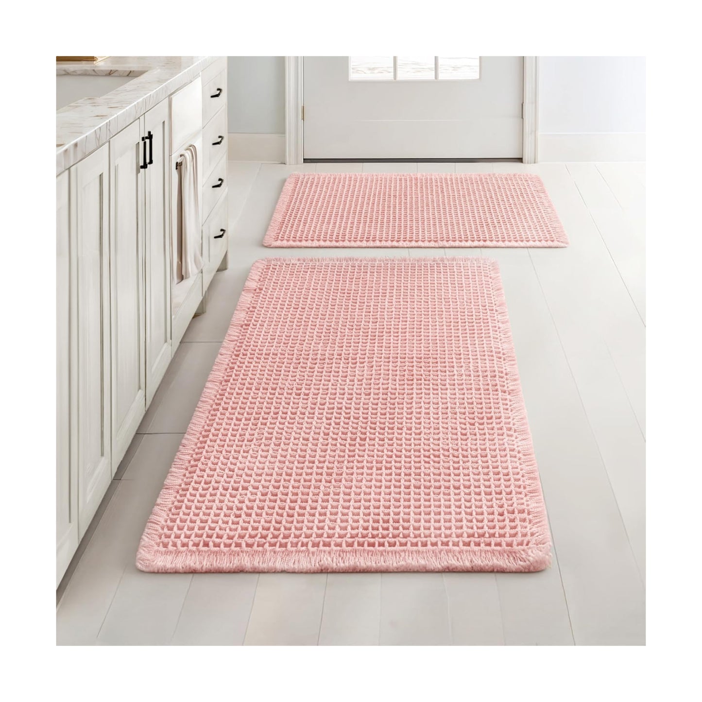 MIULEE Set of 2 Waffle Bathroom Rugs Boho Bath Mat Pink 17"x24"+18"x30"