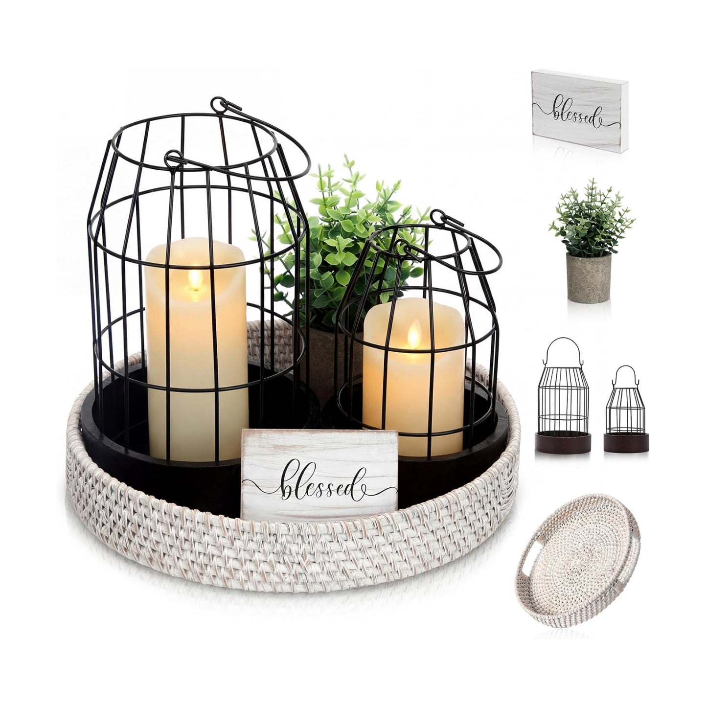 Mumufy 5 Pcs Candle Stands for Pillar Candles Metal,Large,Black, Brown | Decorative Lanterns Centerpieces with Tray for