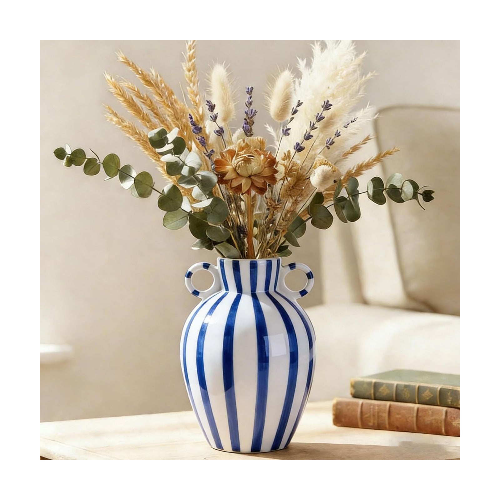 Ceramic Striped Flower Vase / Blue