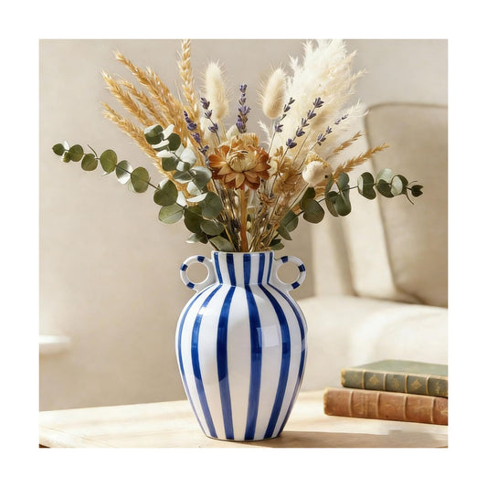Ceramic Striped Flower Vase / Blue