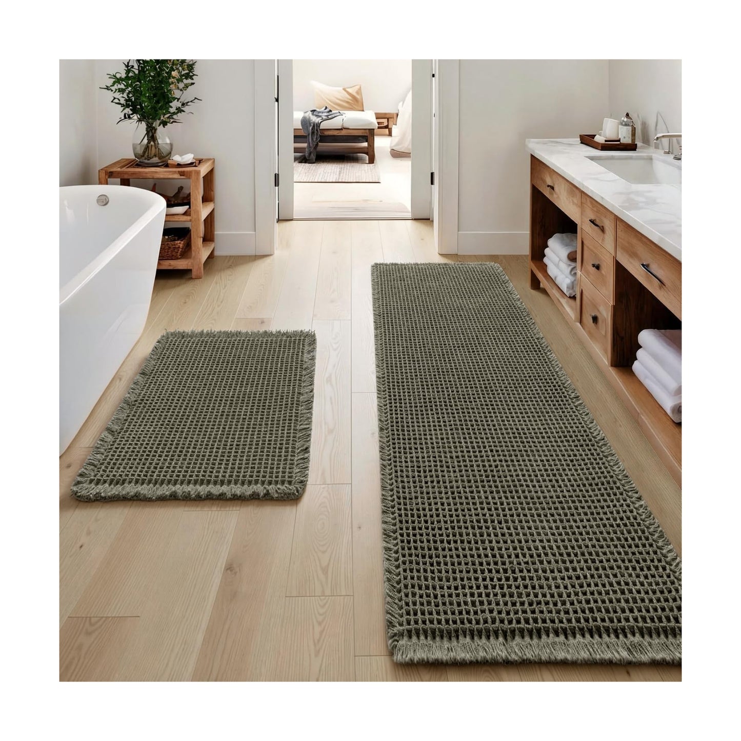 MIULEE Set of 2 Waffle Bathroom Rugs Boho Bath Mat Green 17"x24"+20"x47"