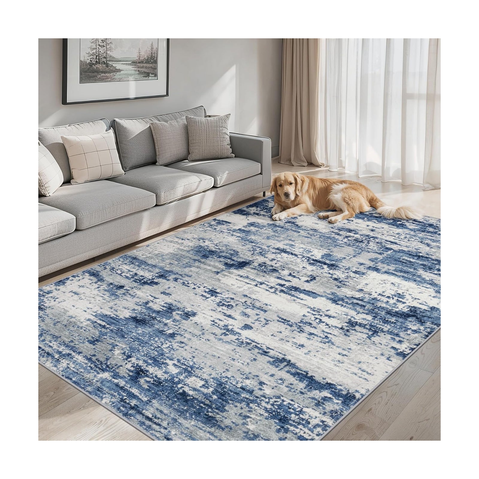 PLHXFR Area Rug Living Room: 5x7 Abstract Washable Carpet Blue Gray