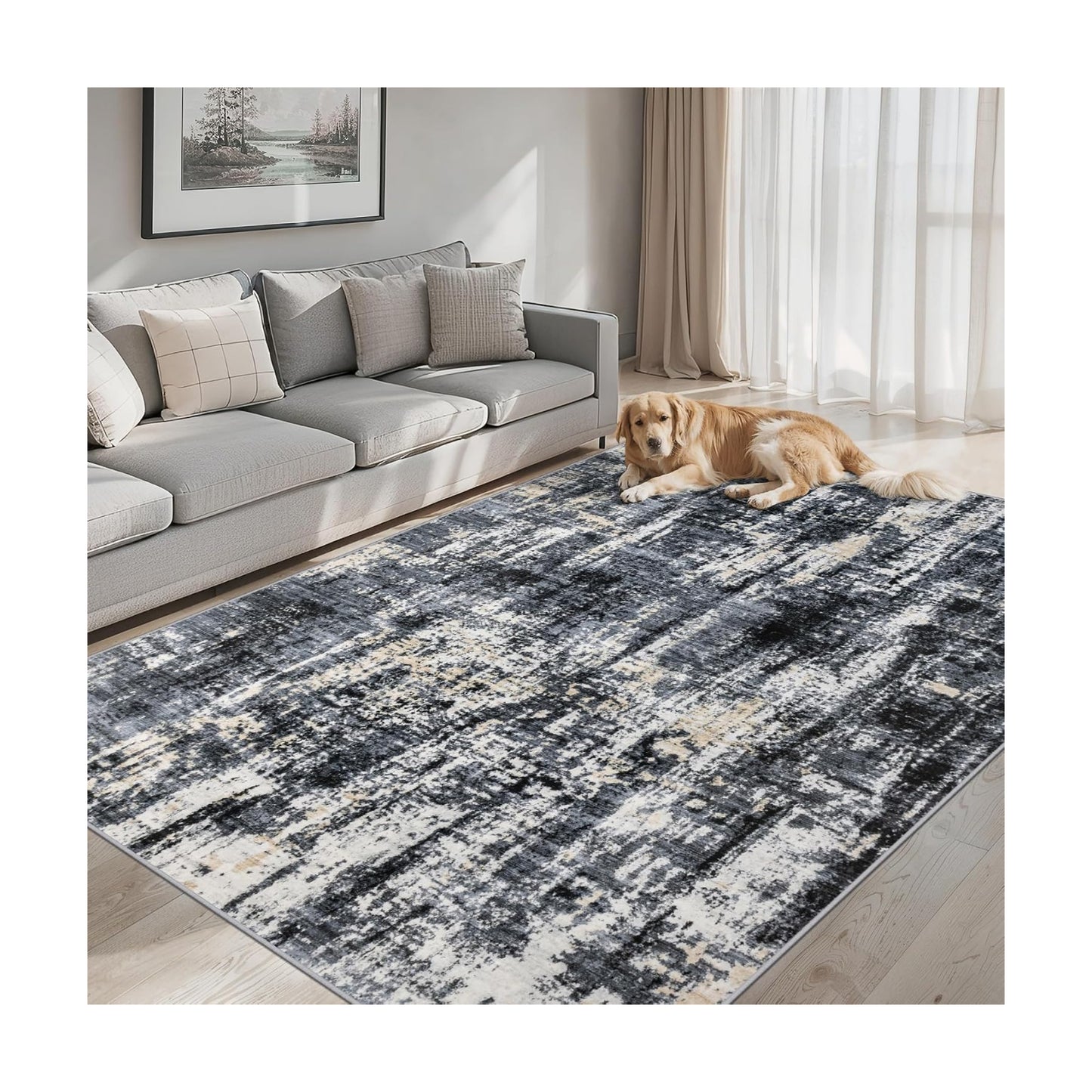 PLHXFR Area Rug Living Room: 4x6 Abstract Washable Carpet Black Gold