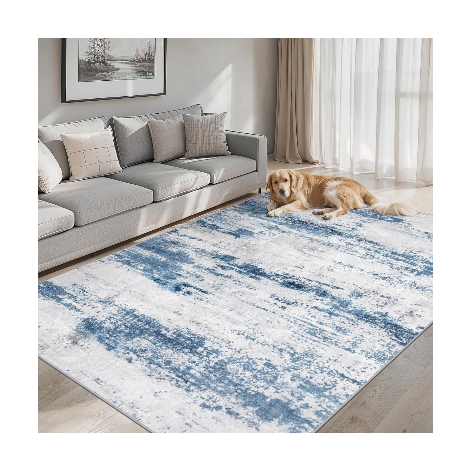 PLHXFR Area Rug Living Room: 5x7 Abstract Washable Carpet White Blue