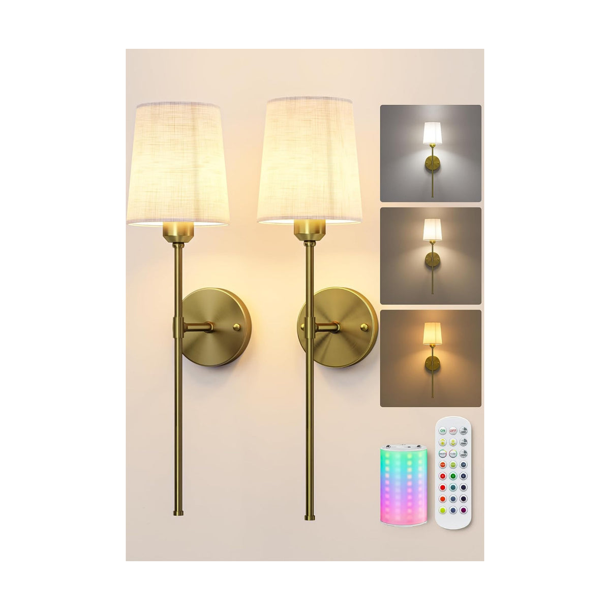 EZVALO Battery Operated Wall Sconces Set of 2, 7500mAh, RGB, Rechargeable Wall Lights with Remote, Dimmable, Magnetic