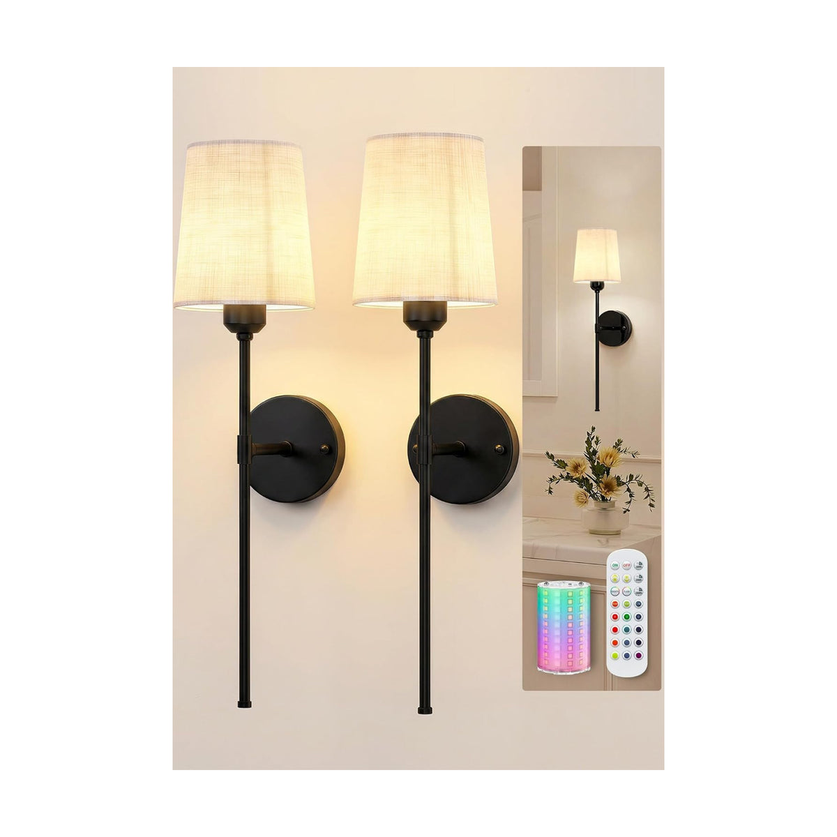 Rechargeable Wall Lights Set of 2, 7500mAh, RGB, Battery Operated Wall Sconces with Remote, Dimmable, Magnetic Bulbs