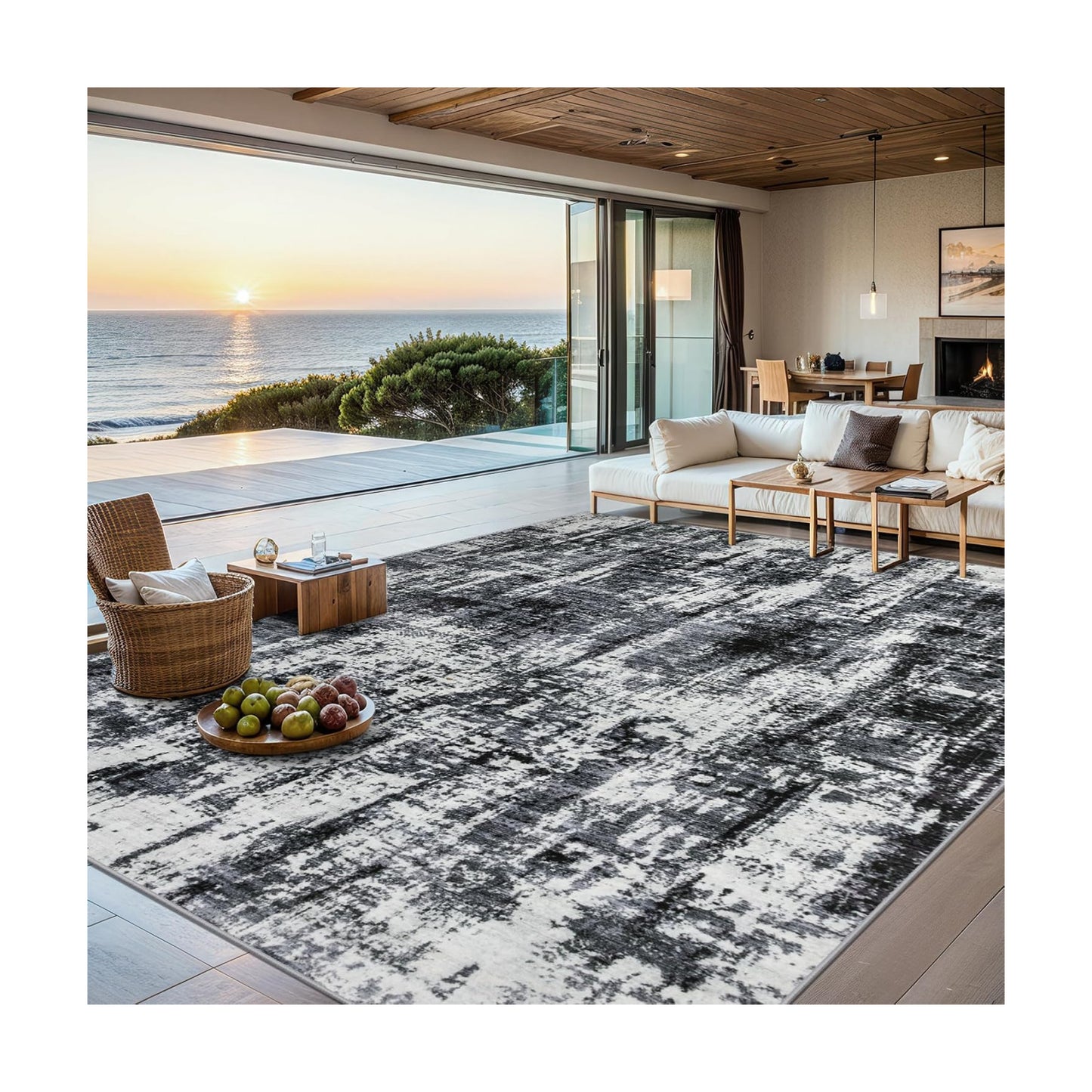 PLHXFR 6x9 Area Rug Living Room: Modern Abstract Washable Carpet Black
