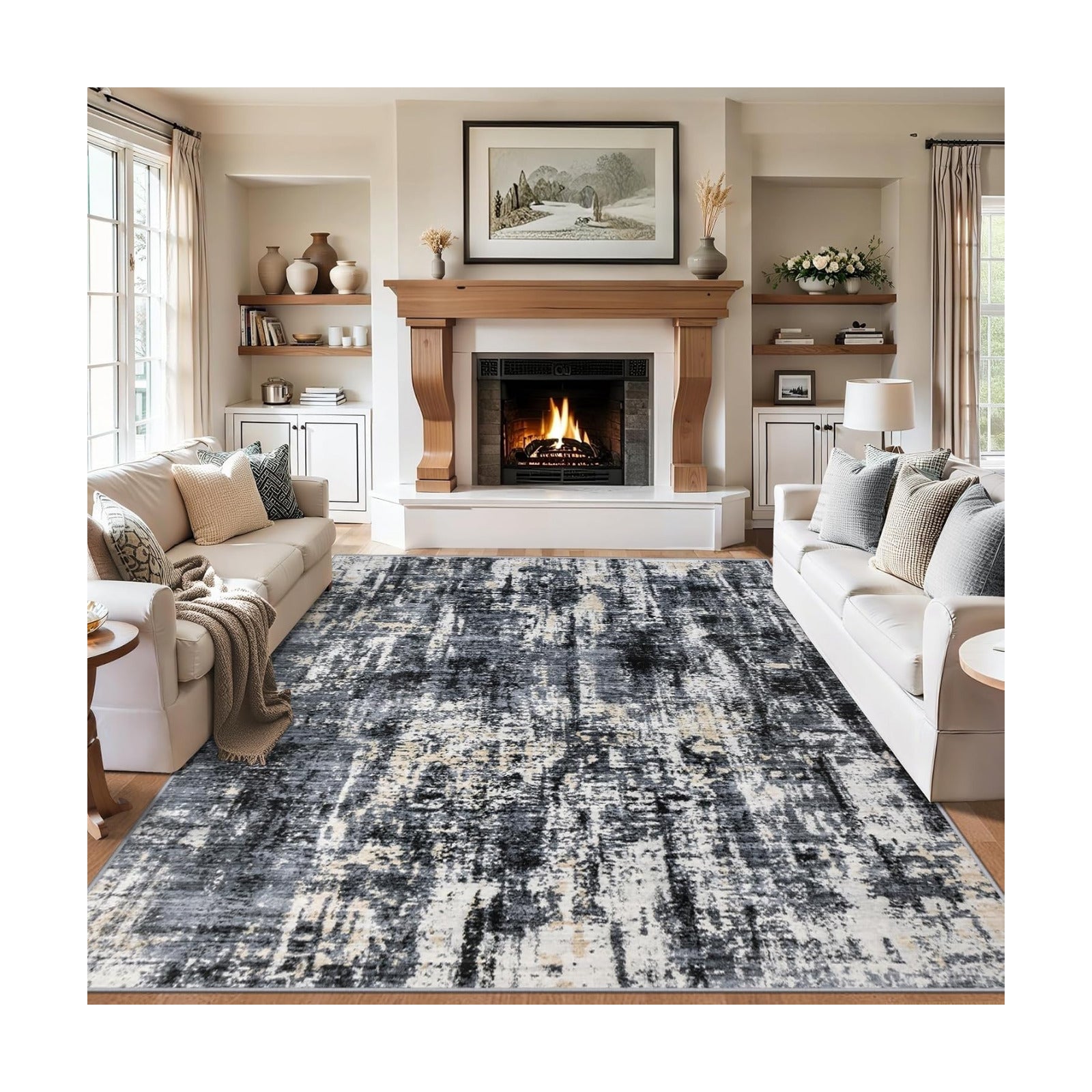 PLHXFR 10x14 Area Rug Living Room: Abstract Washable Carpet Black Gold