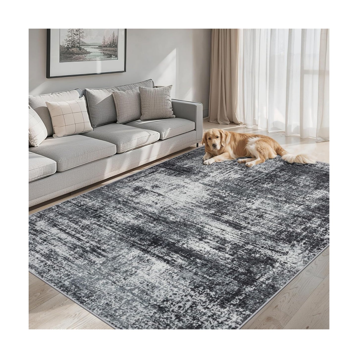 PLHXFR Area Rug Living Room: 5x7 Abstract Washable Carpet Dark Black
