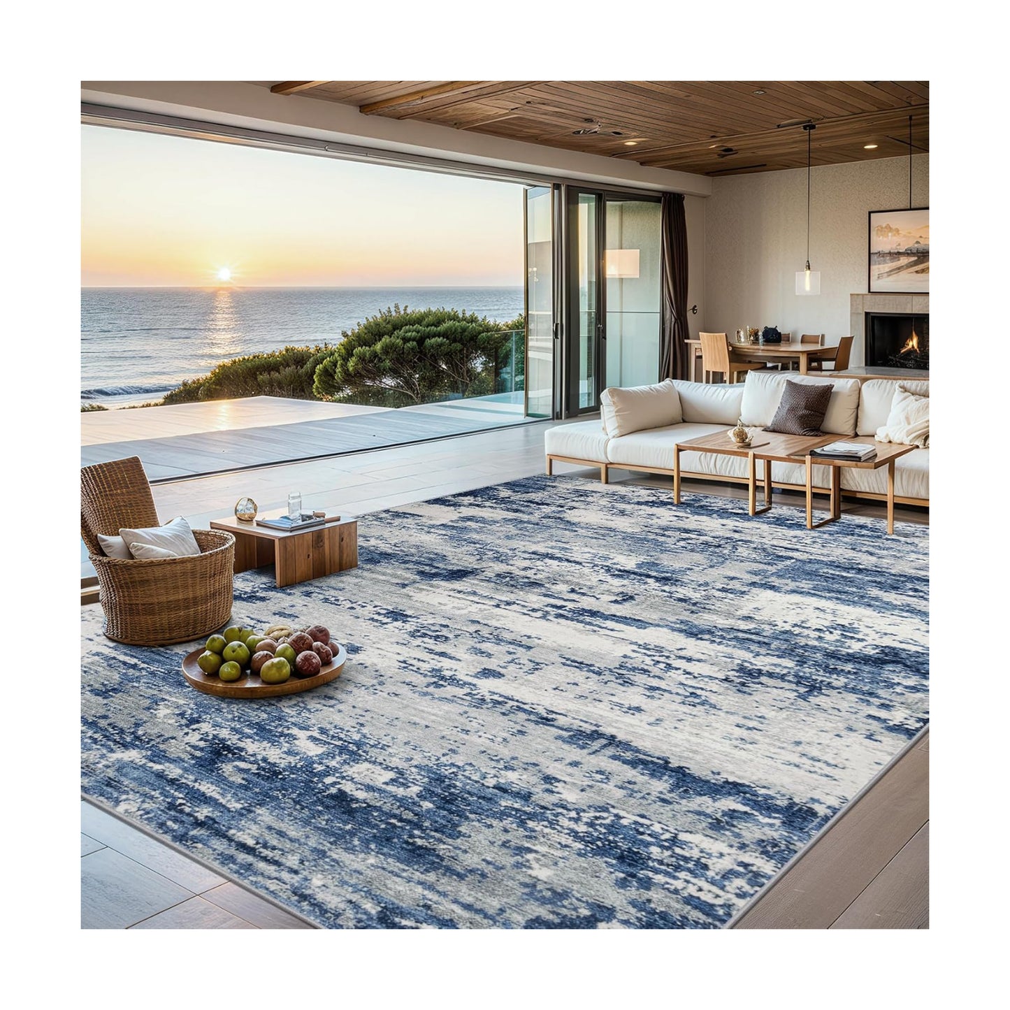 PLHXFR 8x10 Area Rug Living Room: Abstract Washable Carpet Blue Gray