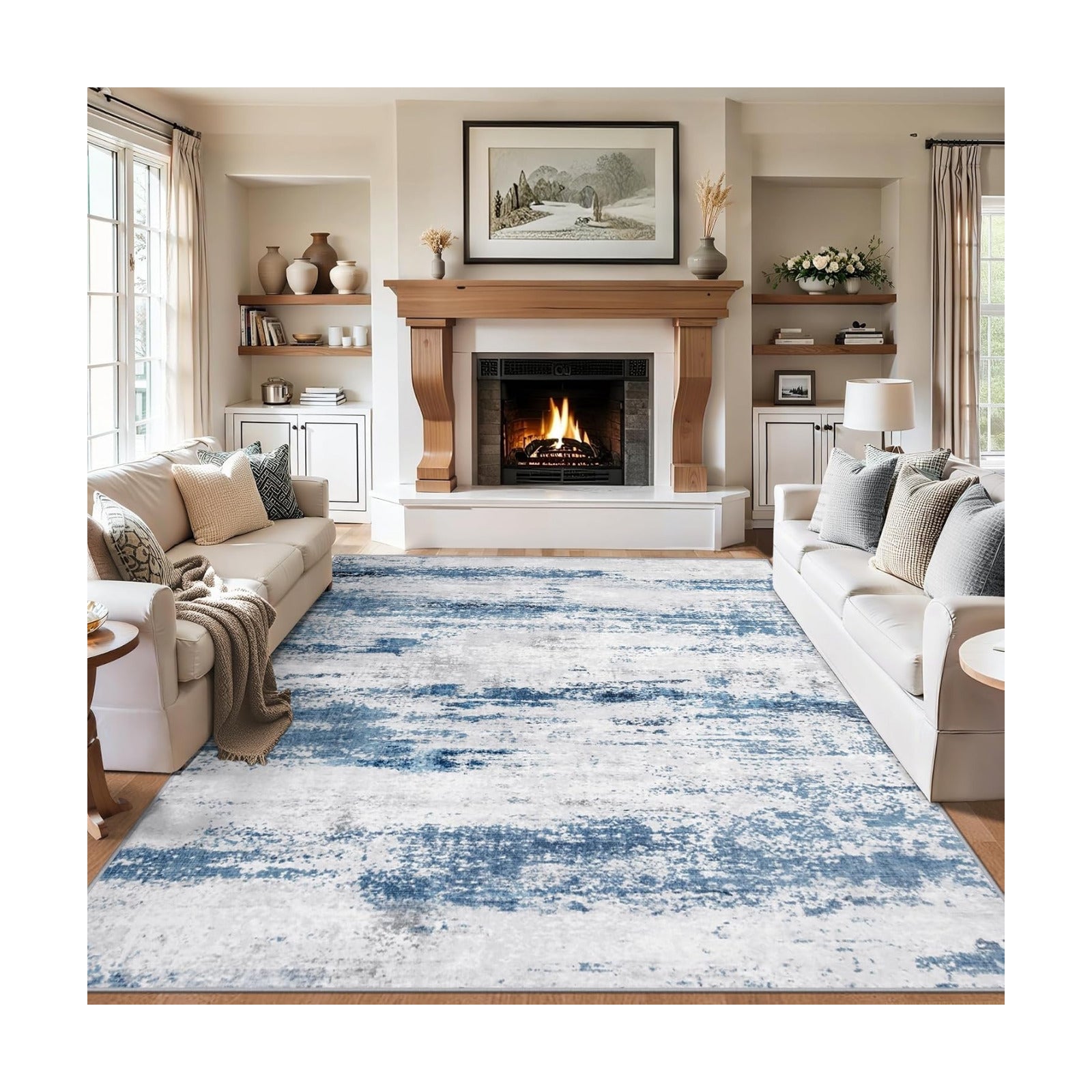 PLHXFR 9x12 Area Rug Living Room: Abstract Washable Carpet White Blue