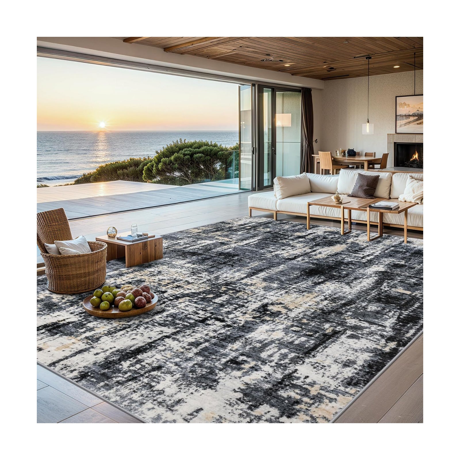 PLHXFR 8x10 Area Rug Living Room: Abstract Washable Carpet Black Gold