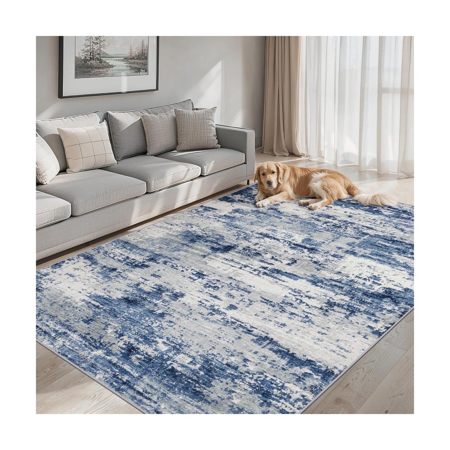 PLHXFR Area Rug Living Room: 4x6 Abstract Washable Carpet Blue Gray
