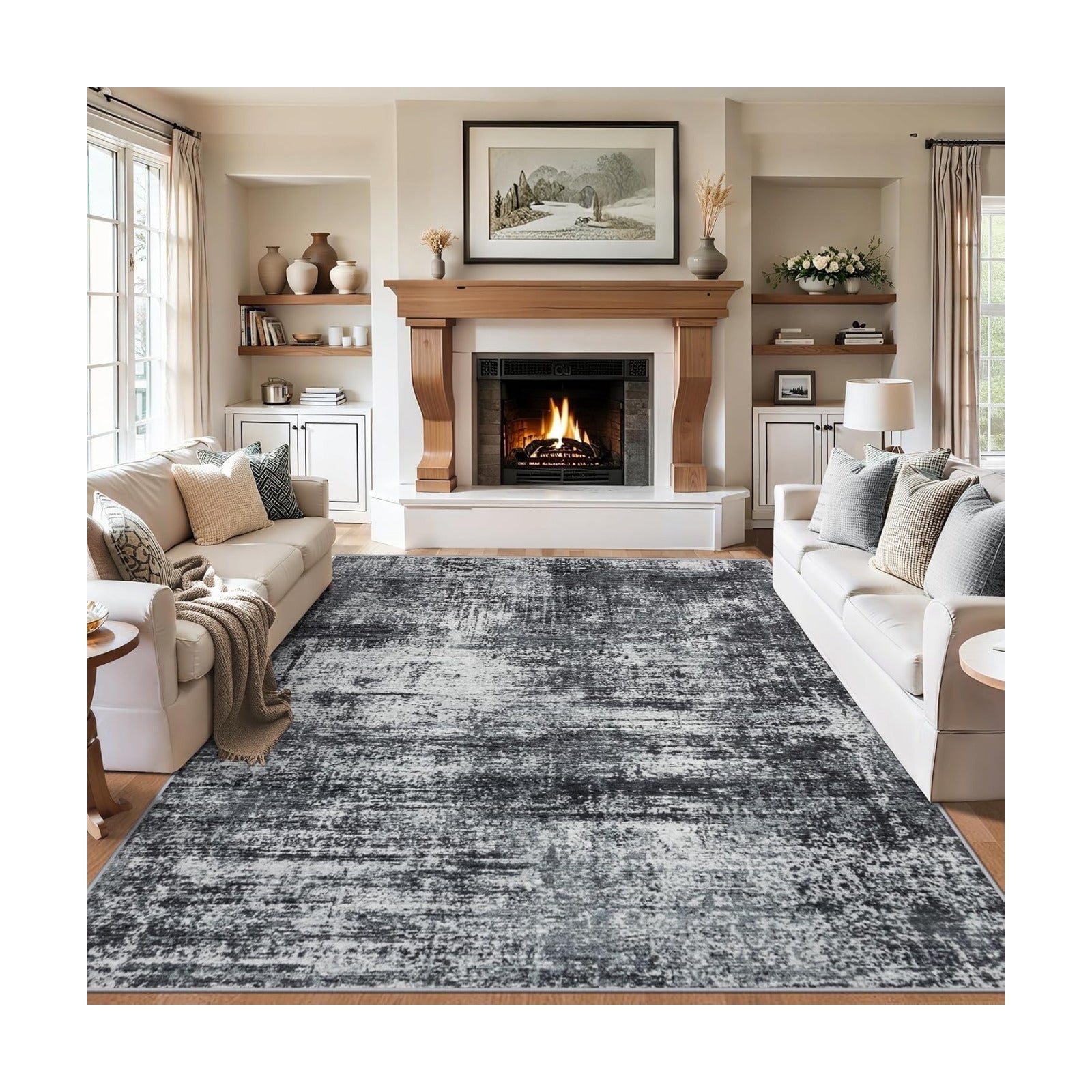 PLHXFR 10x14 Area Rug Living Room: Abstract Washable Carpet Dark Black