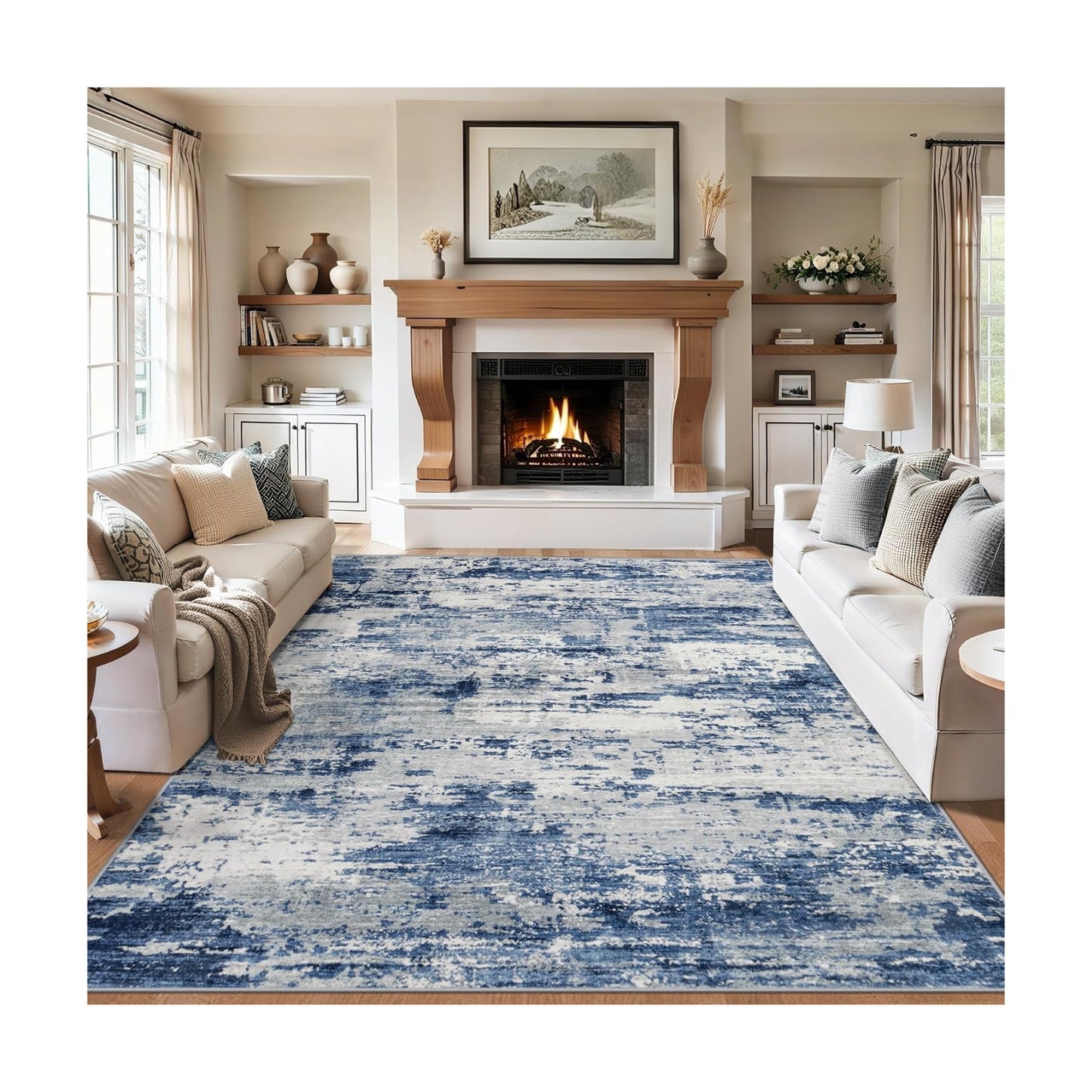 PLHXFR 10x12 Area Rug Living Room: Abstract Washable Carpet Blue Gray