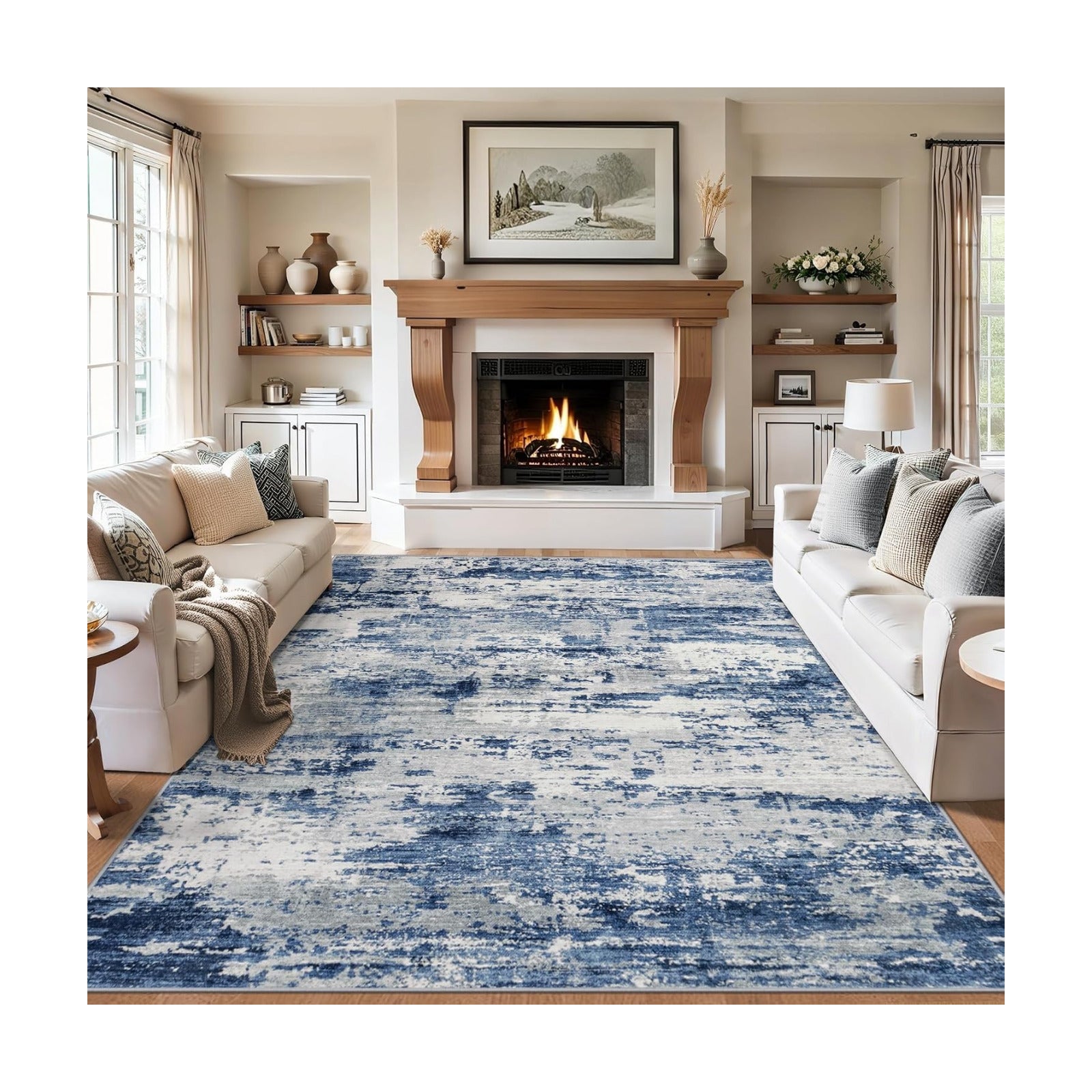 PLHXFR 10x12 Area Rug Living Room: Abstract Washable Carpet Blue Gray