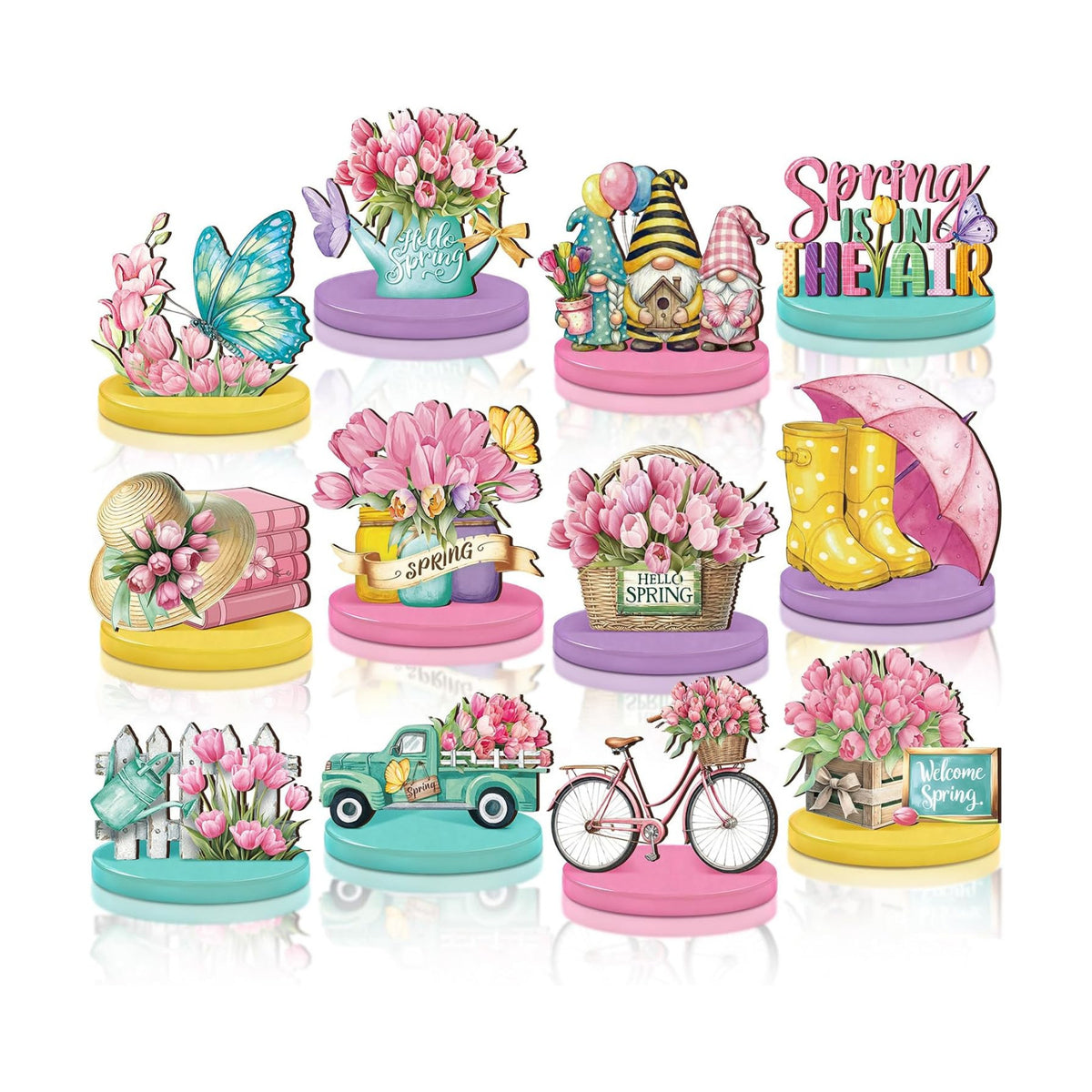 Amyhill 12 Pcs Spring Table Decorations Wooden Tabletop Centerpiece Wooden Table Sign for Tiered Tray Fiesta Carnival Party