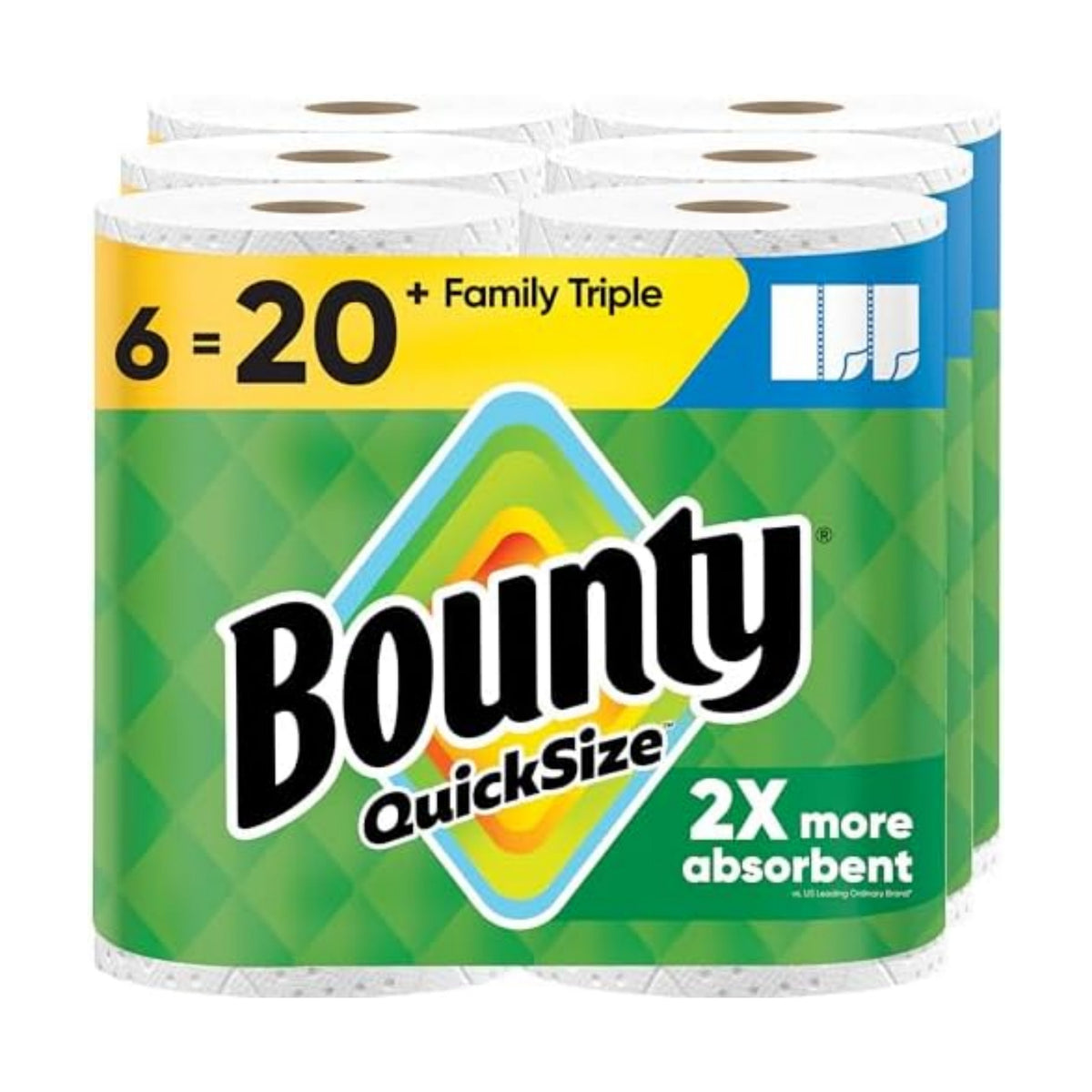 Bounty Paper Towels Quick Size, White, 6 Family Triple Rolls = 20+ Regular Rolls
