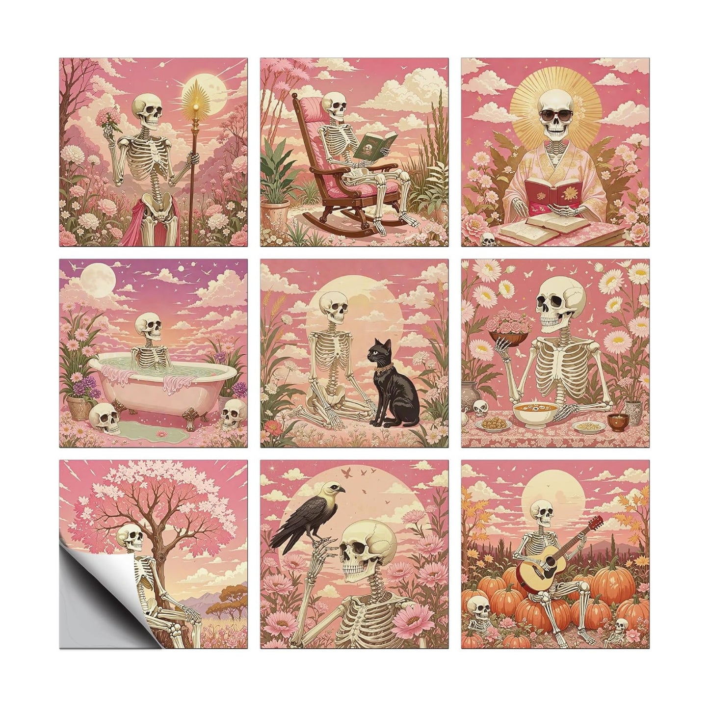 9 Style Tile Stickers Skulls Peel and Stick Dreamlike Style Wall Tile / Pink Scene / Set of 36