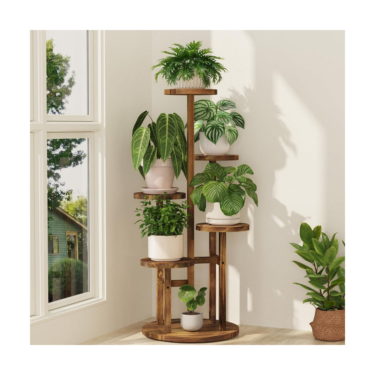iDavosic.ly 5 Tier Wood Plant Stand Indoor Outdoor Corner Tall Shelf, Brown | Sturdy Tiered Orchid Display Rack