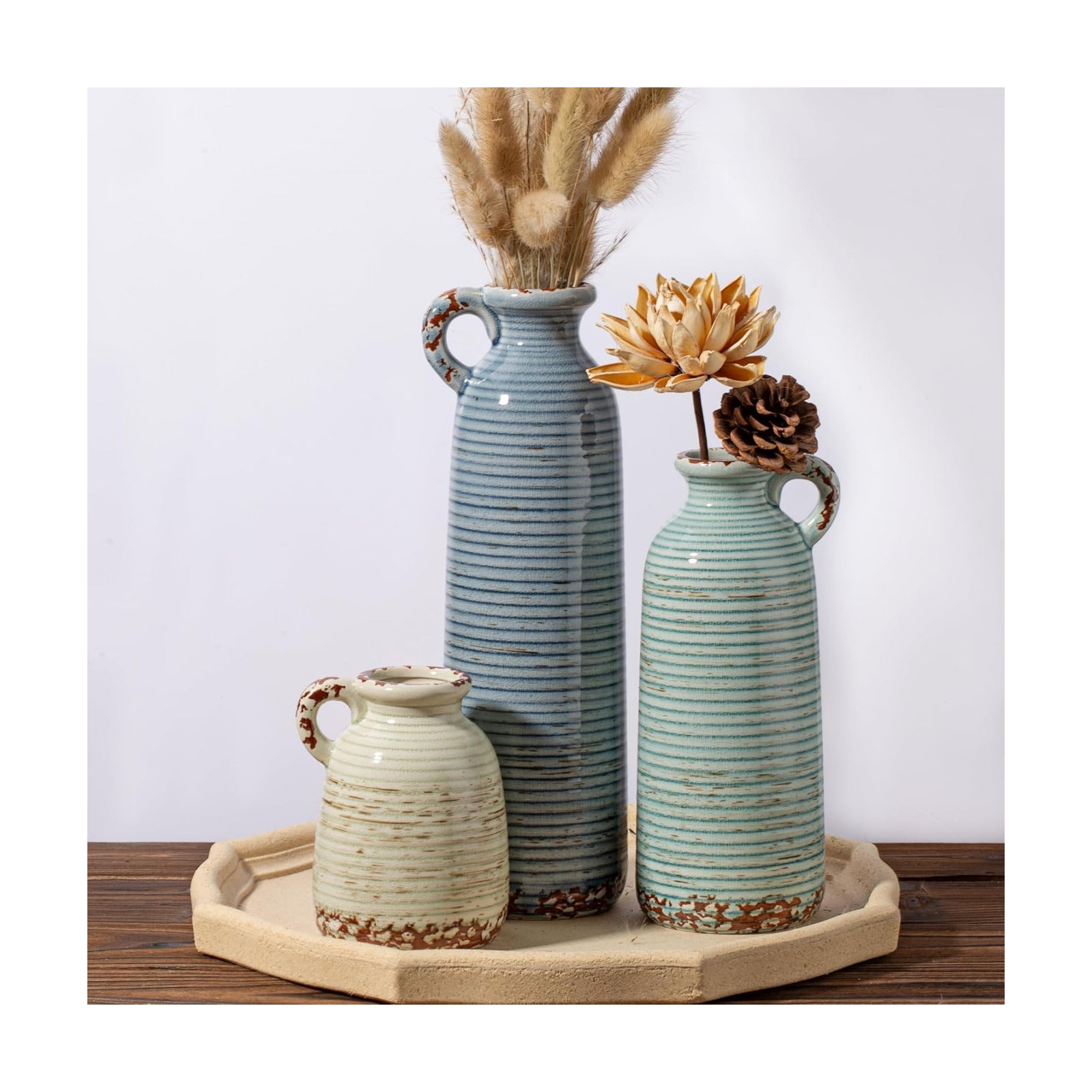Ceramic Vase / Blue Neutral Rustic Modern Farmhouse Boho Decor / Handle-gray Blue Green / Set of 3
