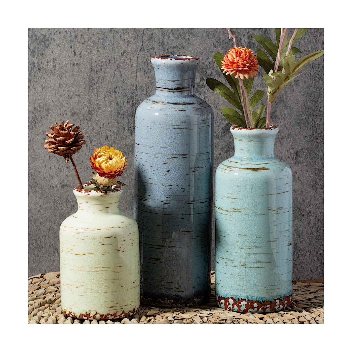 Ceramic Vintage Vase / Gray Blue Green / Set of 3