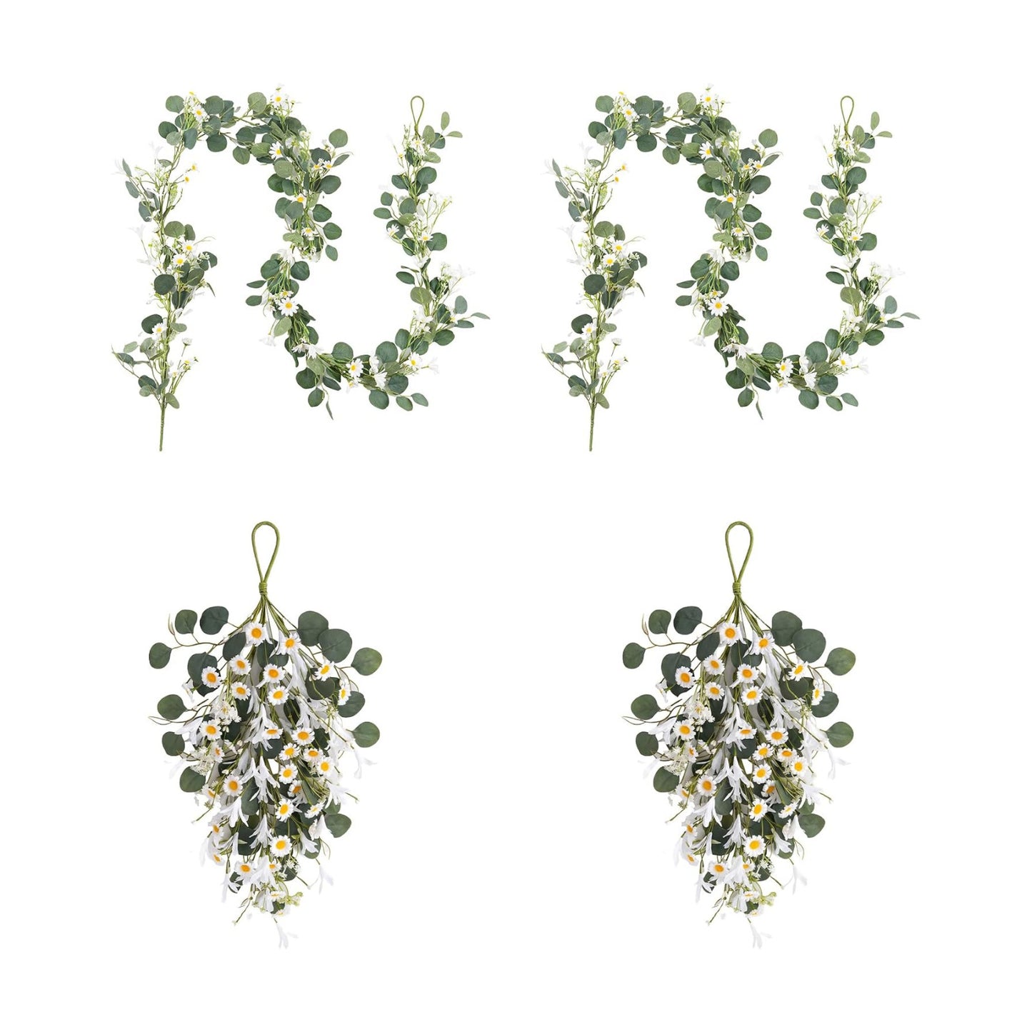 Pinkpum 20'' Eucalyptus Wreath 22'' Daisy Teardrop Swags Set 4 for Front Door Fireplace Hanging Porch Wall Home Window