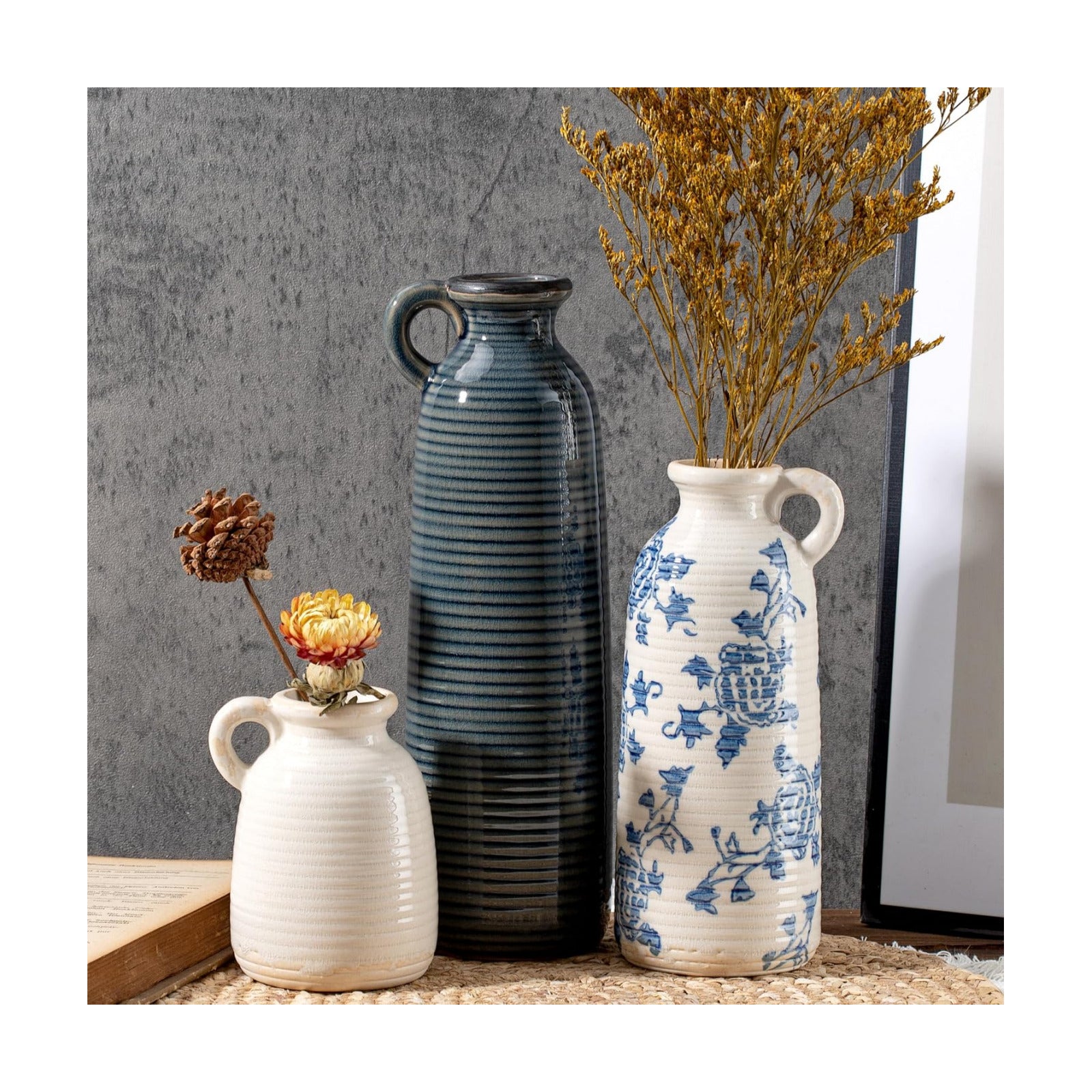 Ceramic Vase / Blue White Neutral Rustic Modern Farmhouse Boho Decor / Handle-blue White / Set of 3