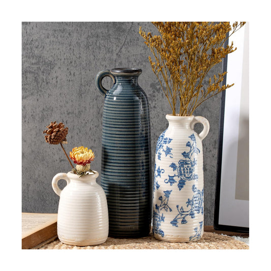 Ceramic Vase / Blue White Neutral Rustic Modern Farmhouse Boho Decor / Handle-blue White / Set of 3