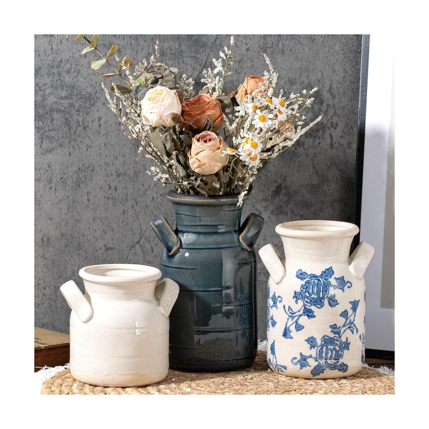 Ceramic Vase Set of 3 with Two Handles, Blue White Neutral Rustic Modern Farmhouse Boho Decor, Versatile as Table