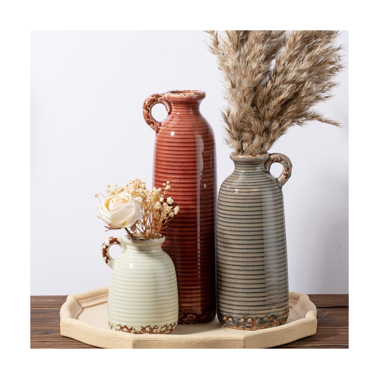 Ceramic Vase / Handle-orange Brown Green / Set of 3