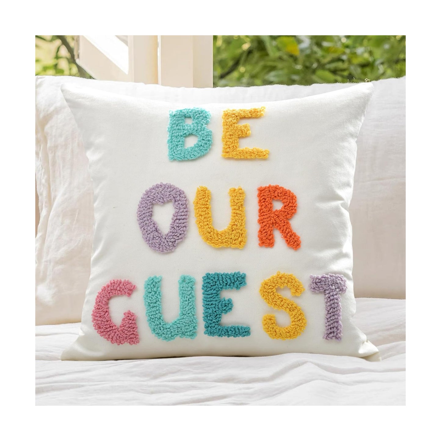 Boho Pillow Covers Decorative Words Tufted Throw Pillow Covers Farmhouse / Be Our Guest / 18 x 18