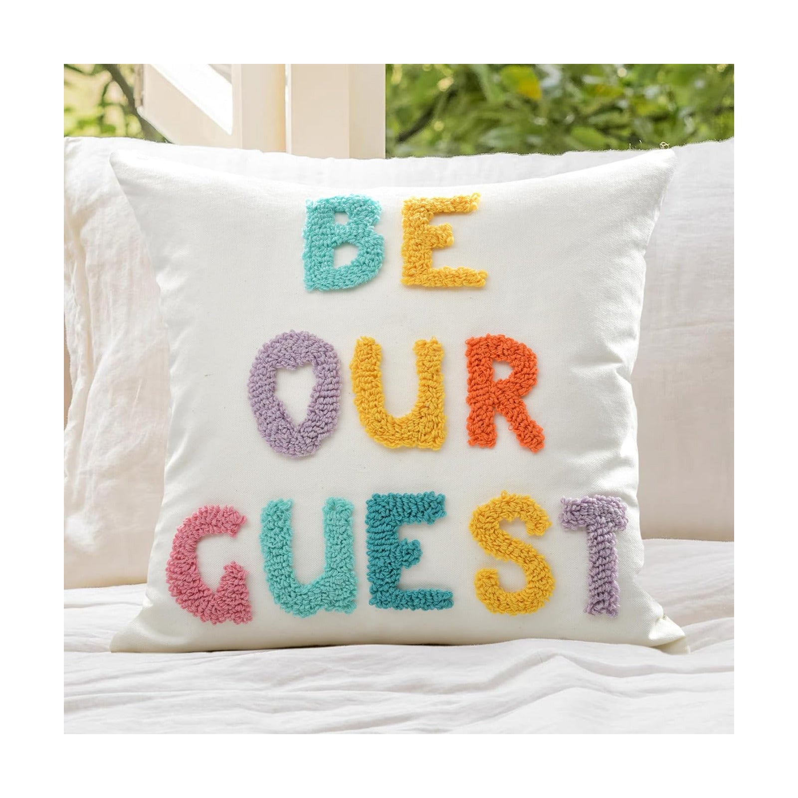 Boho Pillow Covers Decorative Words Tufted Throw Pillow Covers Farmhouse / Be Our Guest / 18 x 18