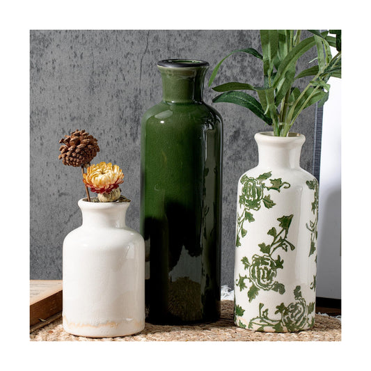 Ceramic Vintage Vase / Green White / Set of 3