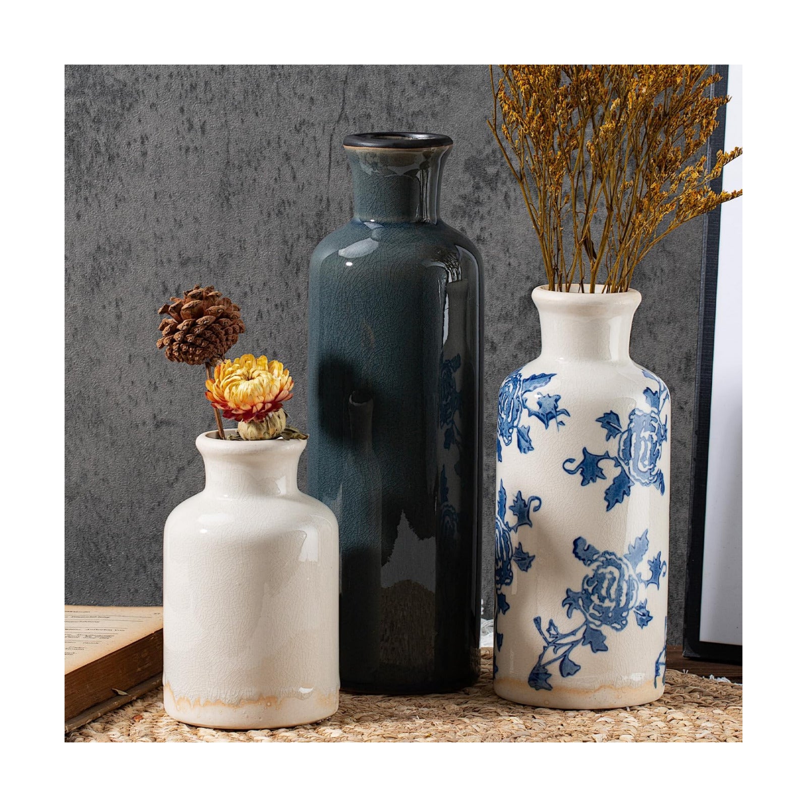 Ceramic Vintage Vase / Blue White / Set of 3