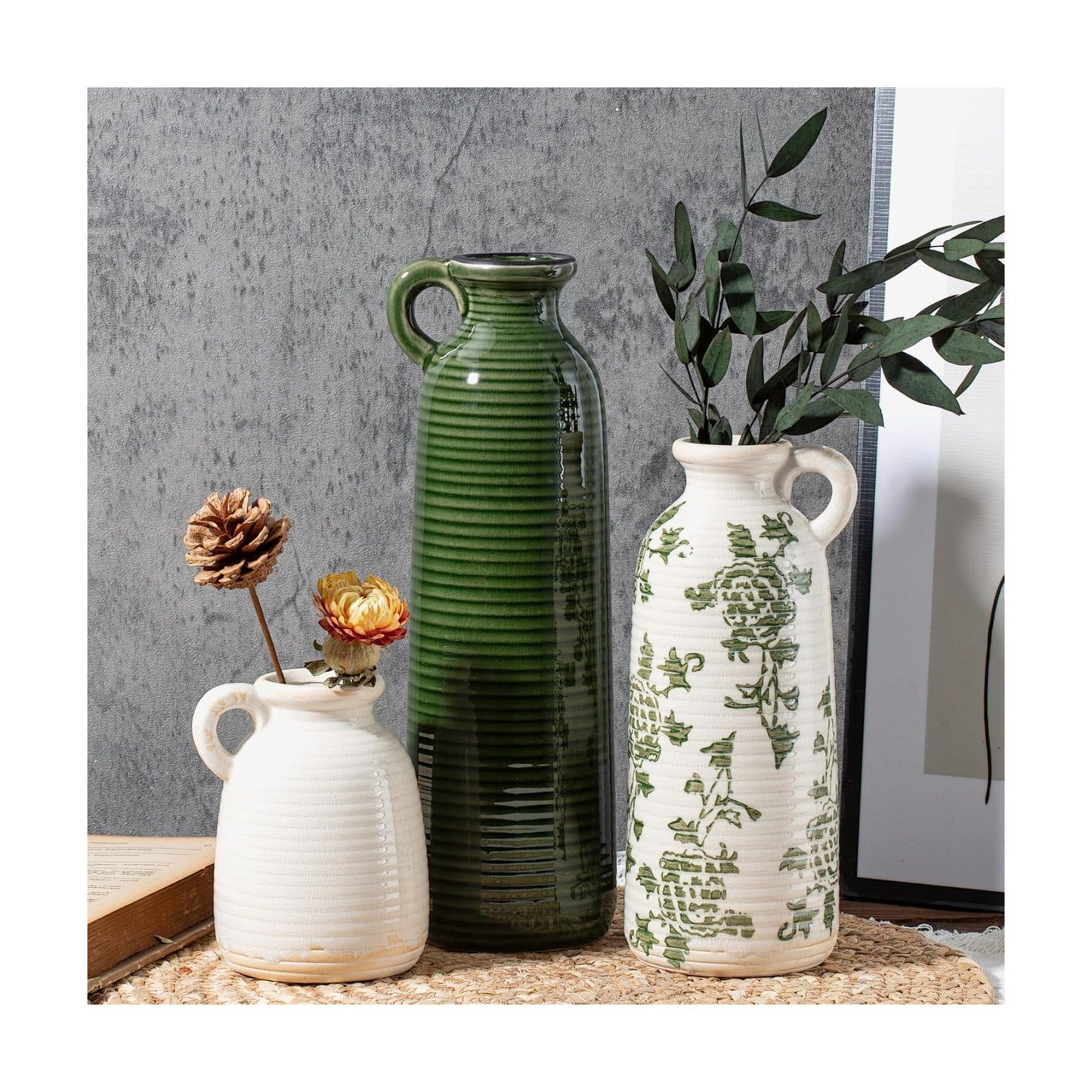 Ceramic Vase Set of 3 with Handles, Green White Neutral Rustic Modern Farmhouse Boho Decor, Versatile as Table