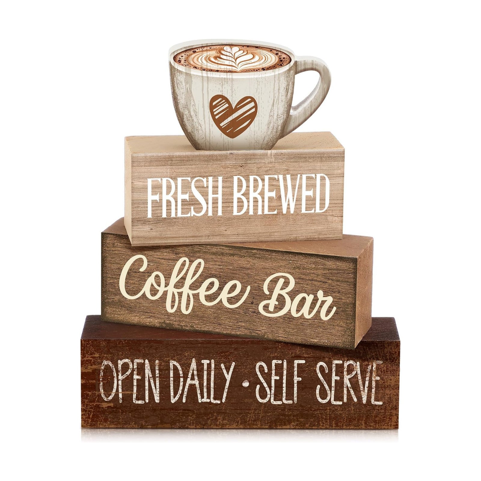 Moucuny 4 Pcs Farmhouse Coffee Bar Signs Decor Wooden Cafe Cup Signs