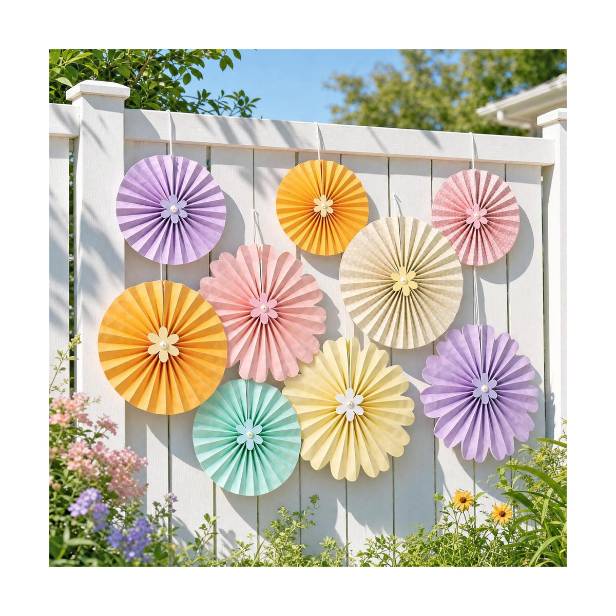 Pastel Paper Fans, Pastel Decorations for Party, Birthday, Classroom, Birthday, 9 PCS Yellow, Pink and Purple Pastel Paper Flower Decorations for Baby Shower, Wall Decor