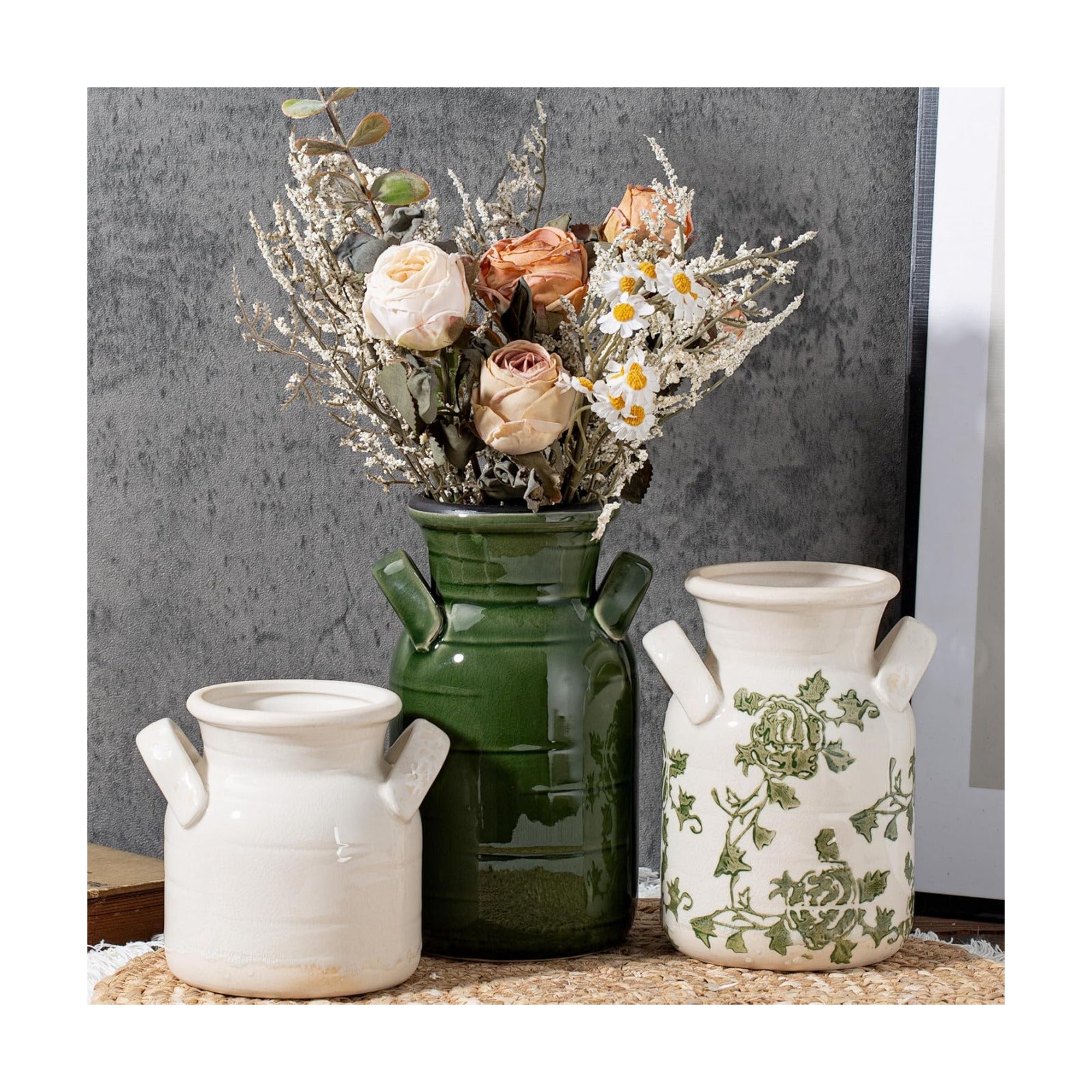 Ceramic Vase Set of 3 with Two Handles, Green White Neutral Rustic Modern Farmhouse Boho Decor, Versatile as Table